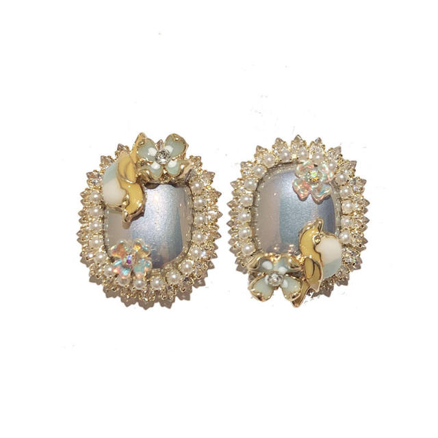 925 needle vintage pearl bird square studs earrings