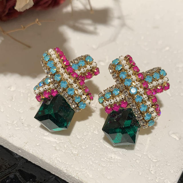 925 needle cross shape color diamond earrings