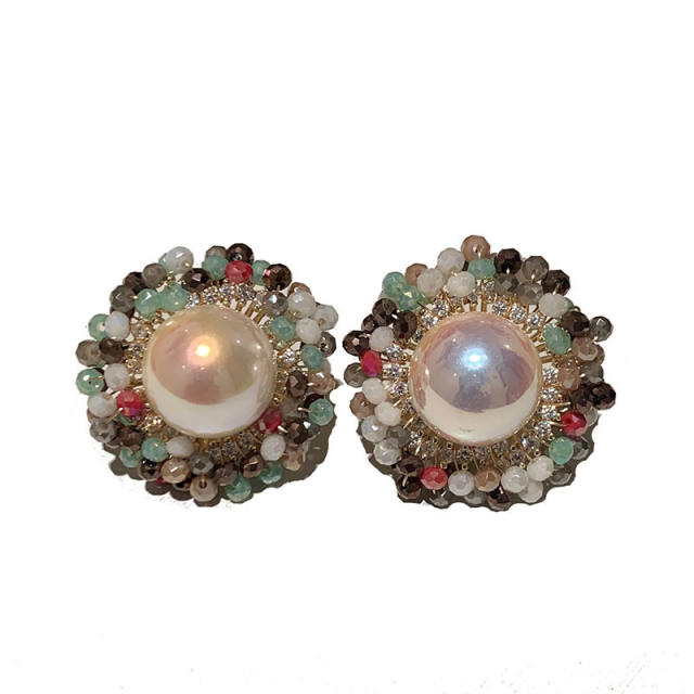Color pearl 925 needle round studs earrings