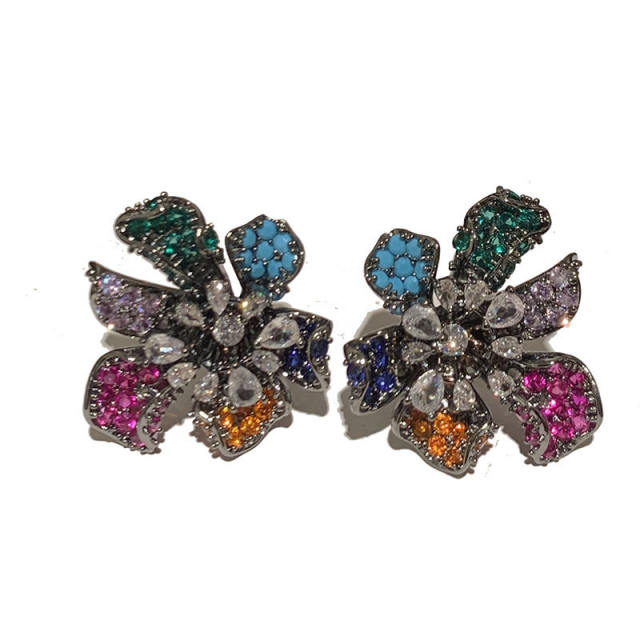 925 needle pave setting color diamond flower studs earrings