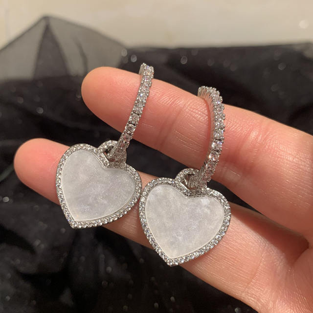 Heart shape shell pendant diamond 925 needle earrings