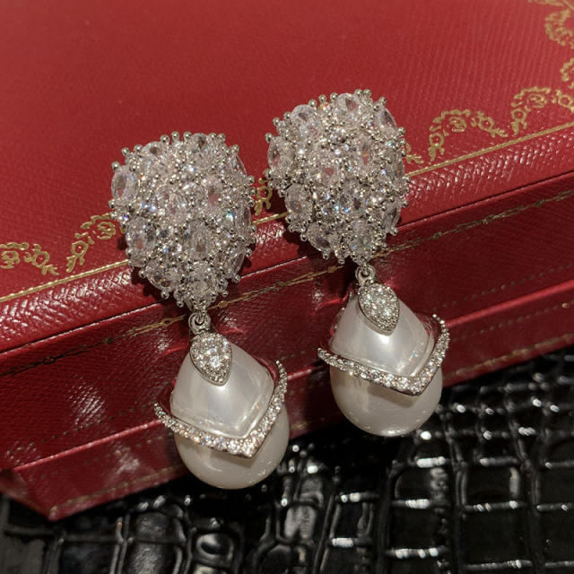 925 needle elegant pearl drop diamond earrings