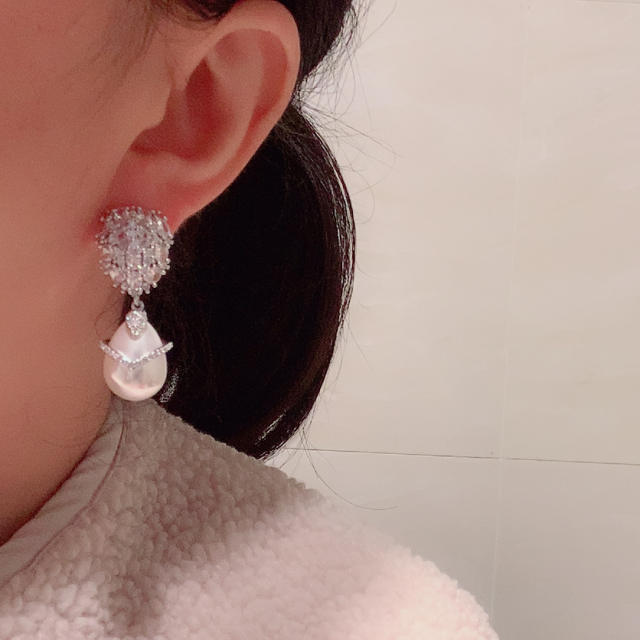 925 needle elegant pearl drop diamond earrings