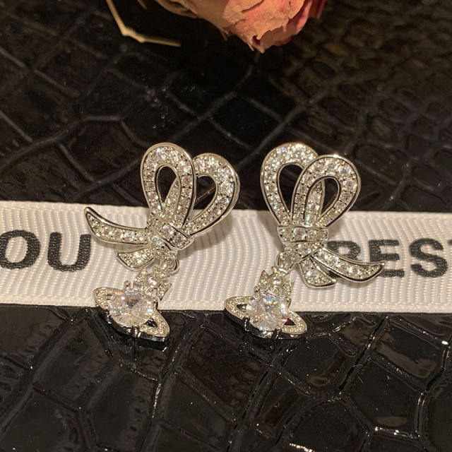 925 needle lace bow diamond earrings
