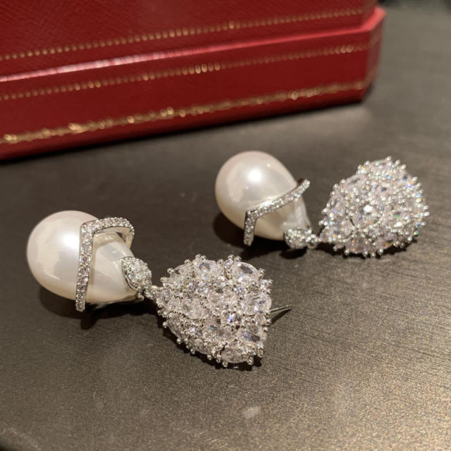 925 needle elegant pearl drop diamond earrings