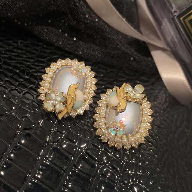 925 needle vintage pearl bird square studs earrings