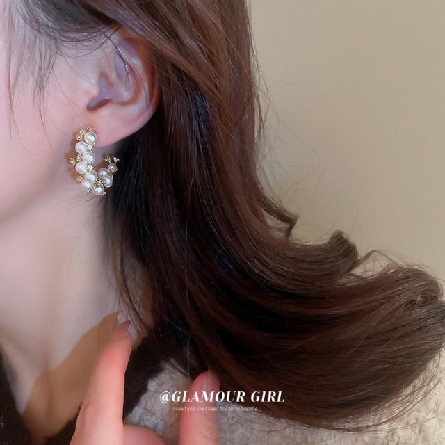 Elegant pearl beaded open hoop earrings