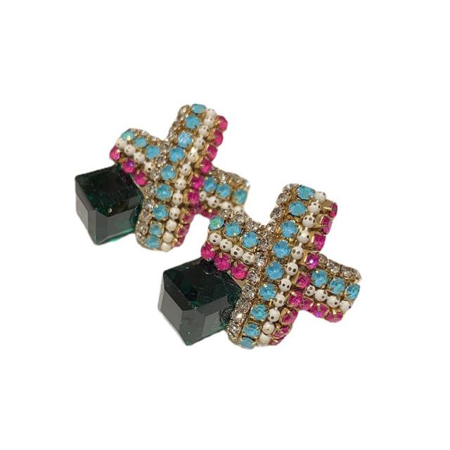 925 needle cross shape color diamond earrings