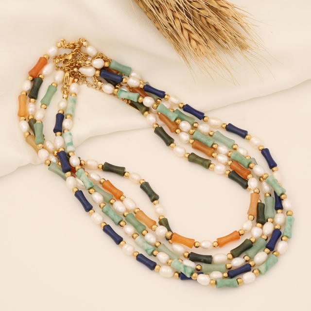 Natural beads bamboo design choker necklace