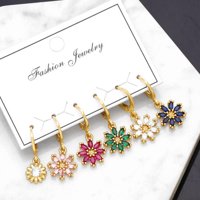 Elegant color cz flower huggie earring set