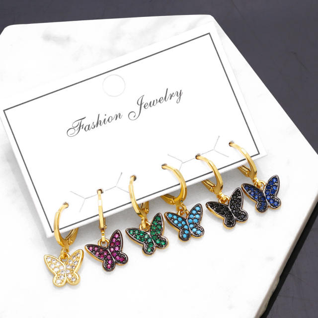 Color cubic zircon tiny butterfly huggie earrings