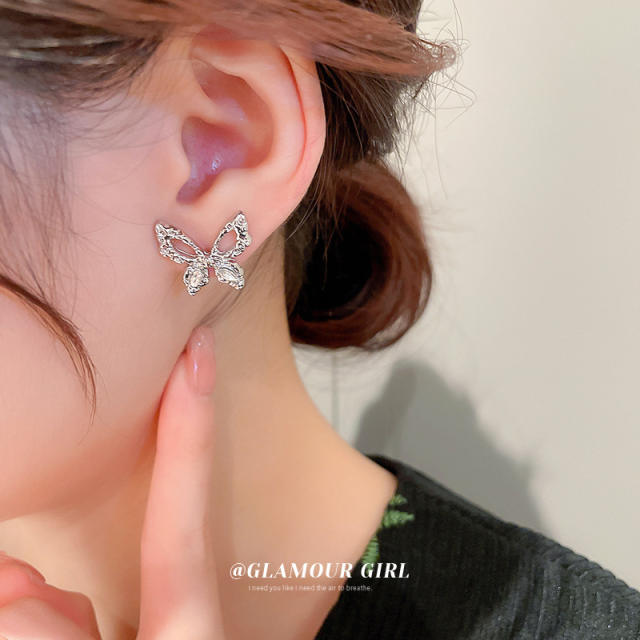 925 needle diamond butterfly hollow studs earrings