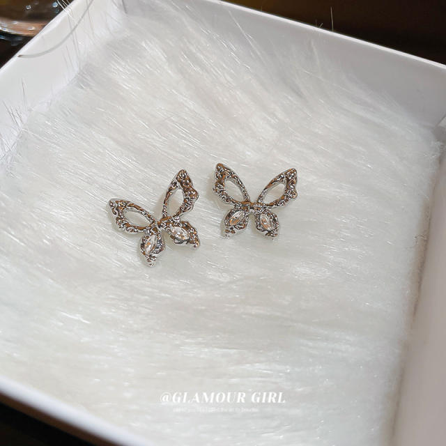 925 needle diamond butterfly hollow studs earrings