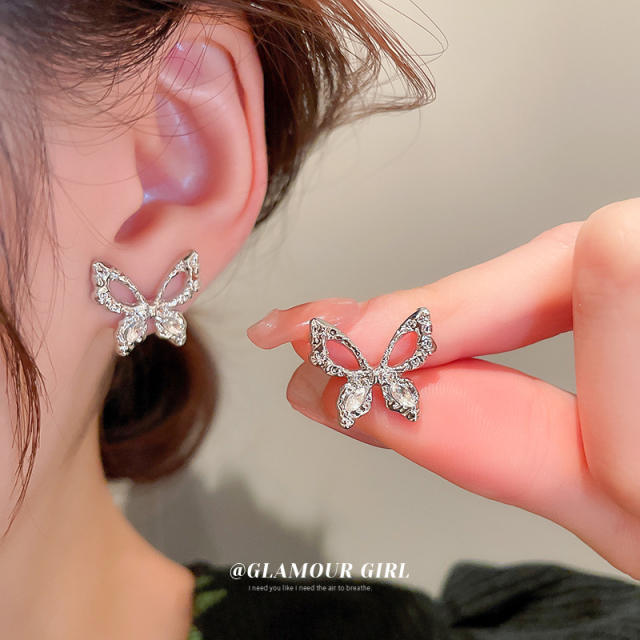 925 needle diamond butterfly hollow studs earrings