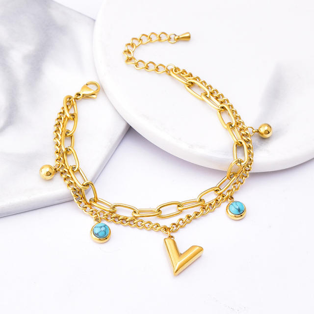 Occident fashion v letter charm stainless steel necklace bracelet