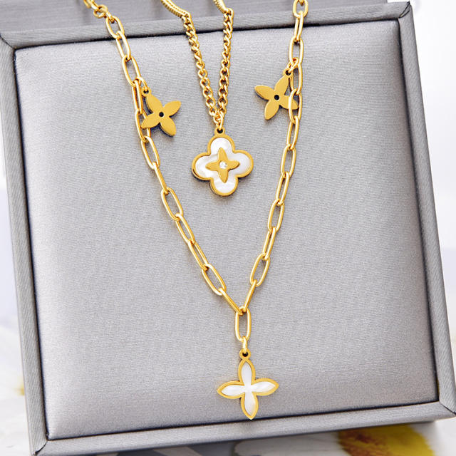 Classic white color clover two layer stainless steel necklace
