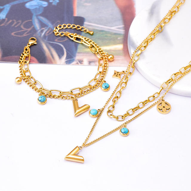 Occident fashion v letter charm stainless steel necklace bracelet