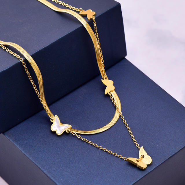Korean fashion frost butterfly two layer stainless steel necklace