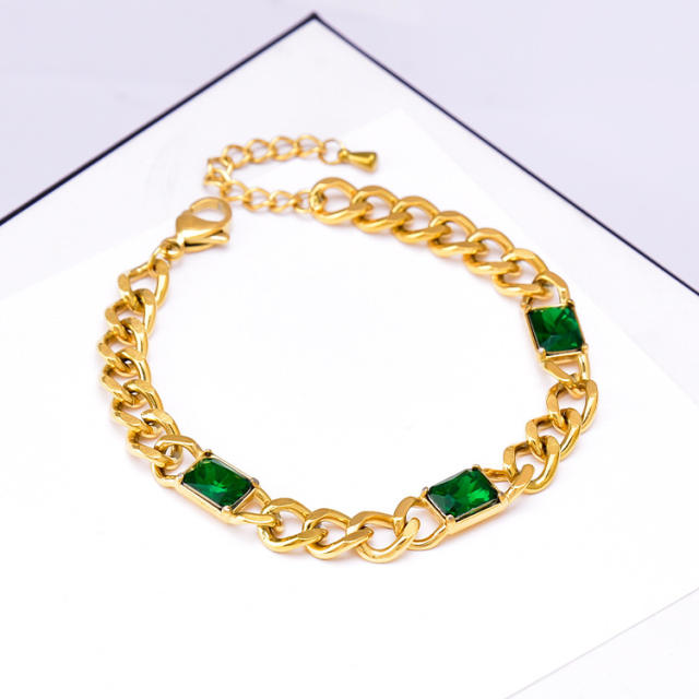 Square emerald stainless steel chain bracelet