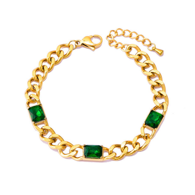 Square emerald stainless steel chain bracelet