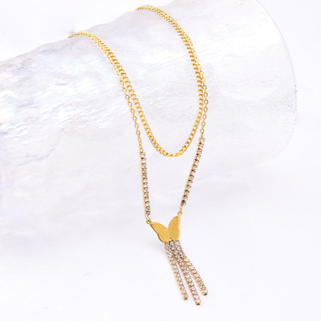 Occident fashion frost butterfly diamond tassel stainless steel necklace