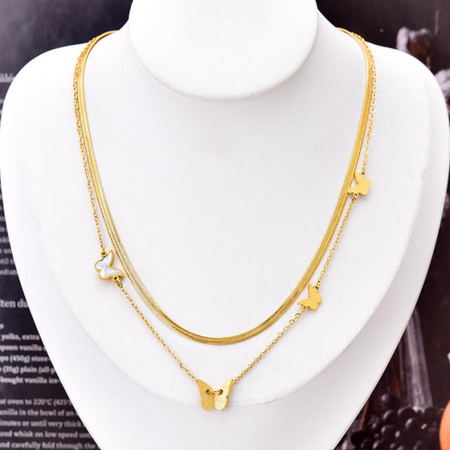 Korean fashion frost butterfly two layer stainless steel necklace