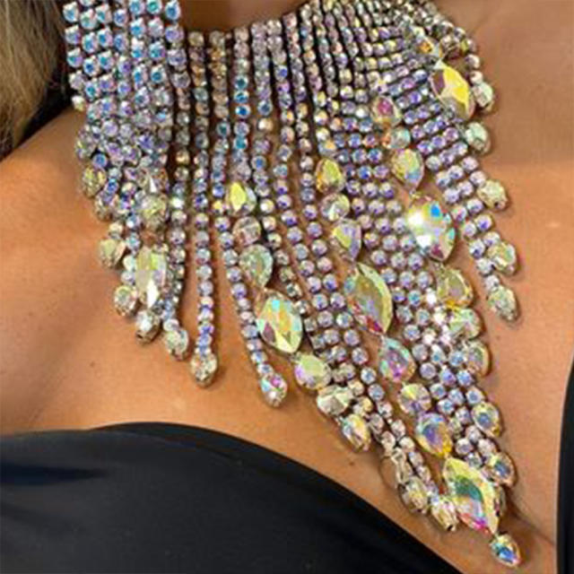 Hot sale luxury AB color crystal tassel necklace earrings set