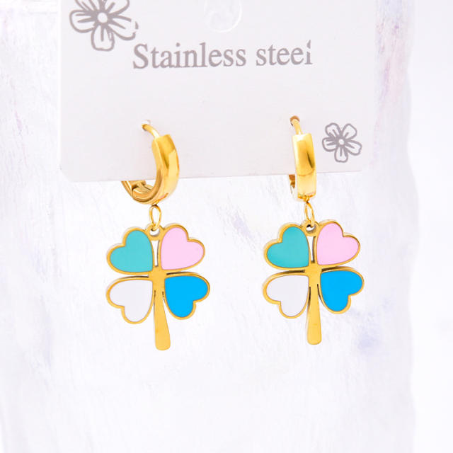 Color enamel clover stainless steel huggie earrings