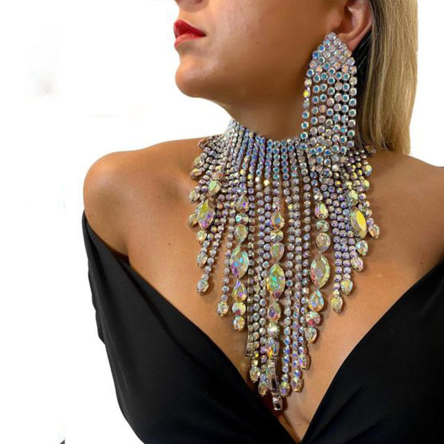 Hot sale luxury AB color crystal tassel necklace earrings set