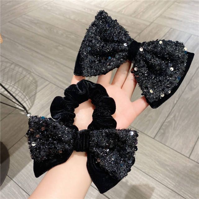 Black color sequins bow french barrett hair clips scrunchies