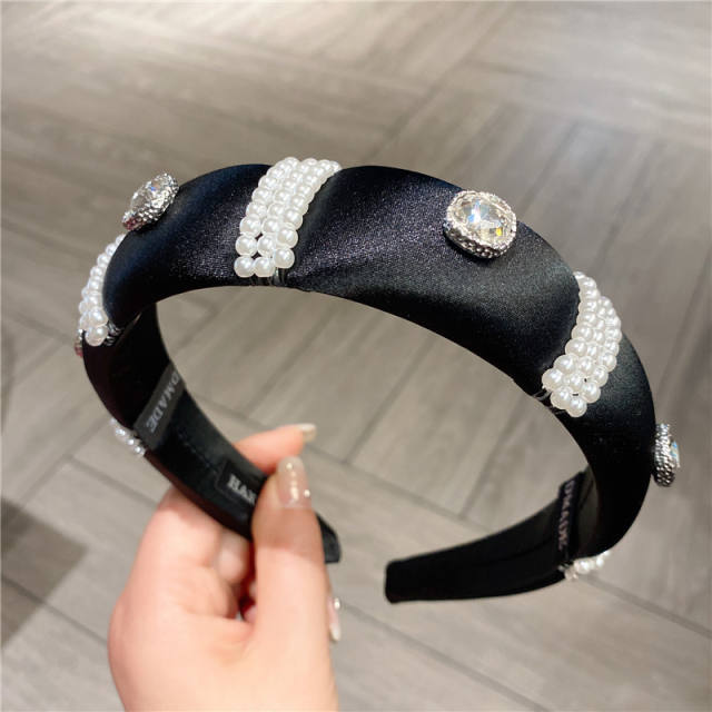 Vintage black satin pearl beaded padded headband
