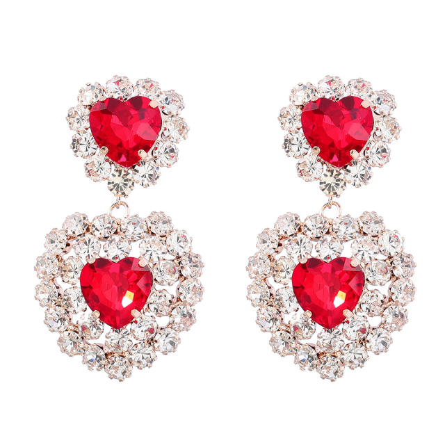 Super shiny color glass crystal statement heart earrings
