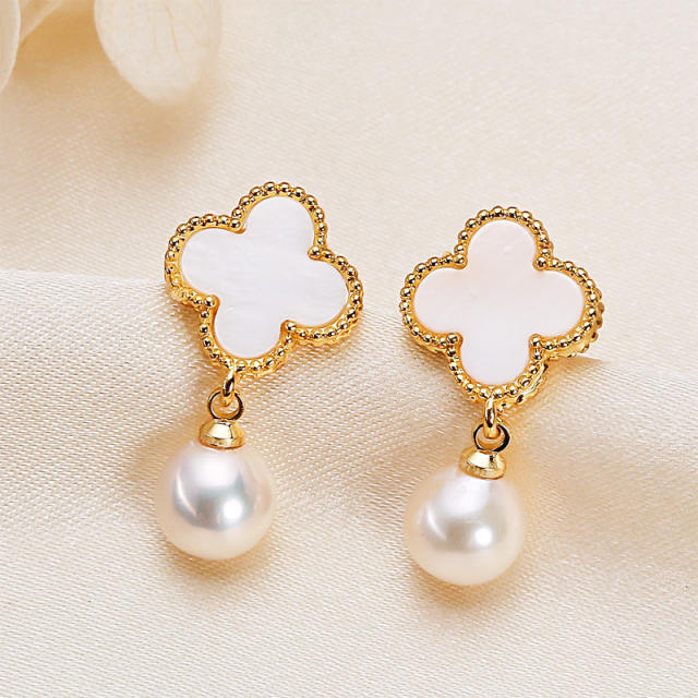 Classic korean fashion white clover water pearl drop earrings