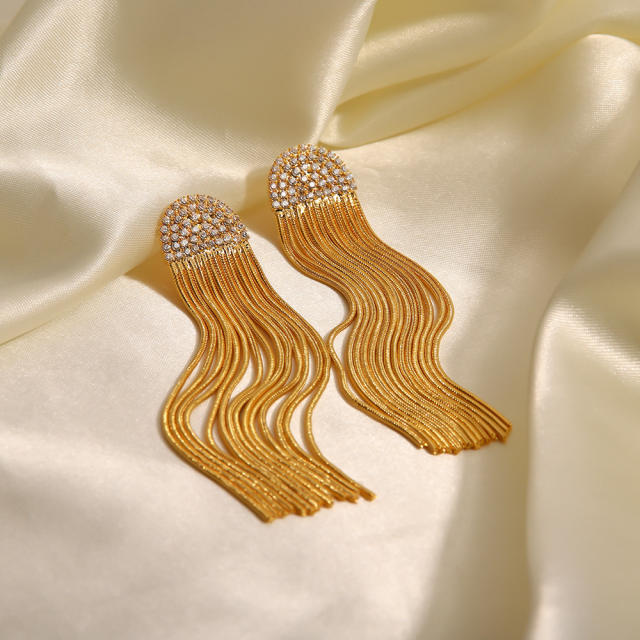 Concise diamond semicirlce chain tassel stainless steel earrings