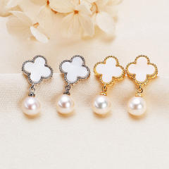 Classic korean fashion white clover water pearl drop earrings