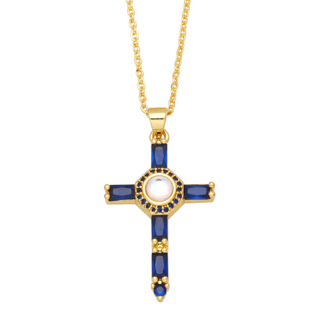 Hiphop rainbow cubic zircon cross pendant real gold plated necklace