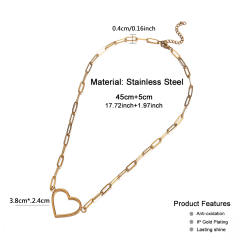Korean fashion paper clip chain hollow heart stainless steel necklace