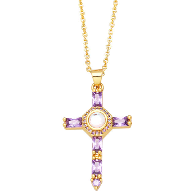 Hiphop rainbow cubic zircon cross pendant real gold plated necklace