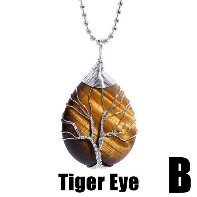 Vintage tiger eye stone heart drop pendant life tree necklace
