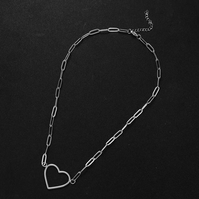 Korean fashion paper clip chain hollow heart stainless steel necklace