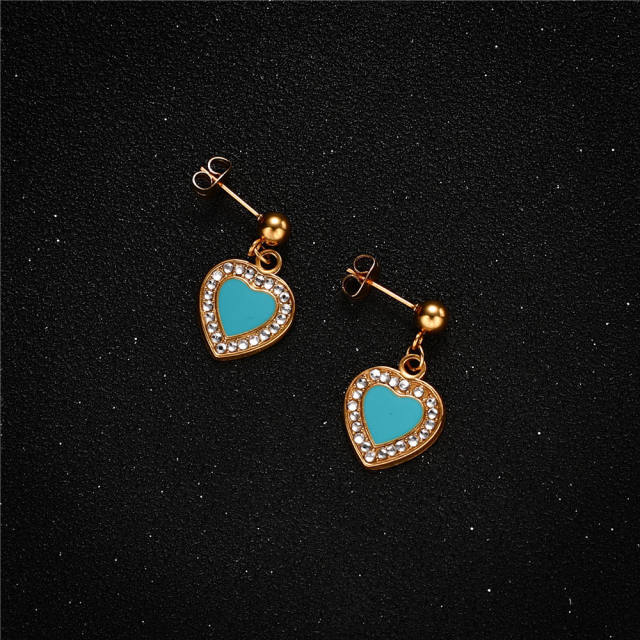 Korean fashion color enamel heart stainless steel earrings