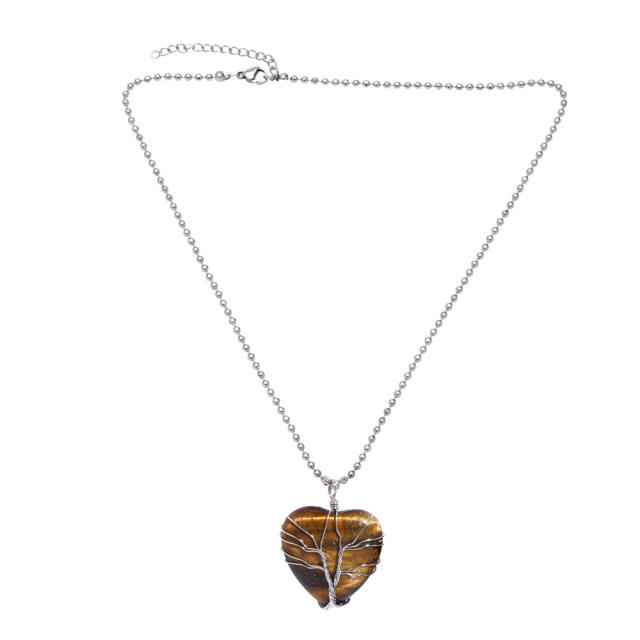 Vintage tiger eye stone heart drop pendant life tree necklace