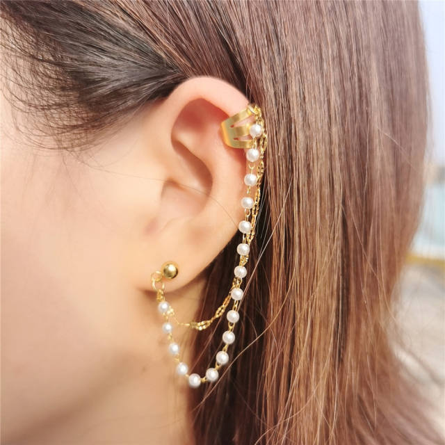 Korean fashion personality pearl beads chain tassel stainless steel ear cuff