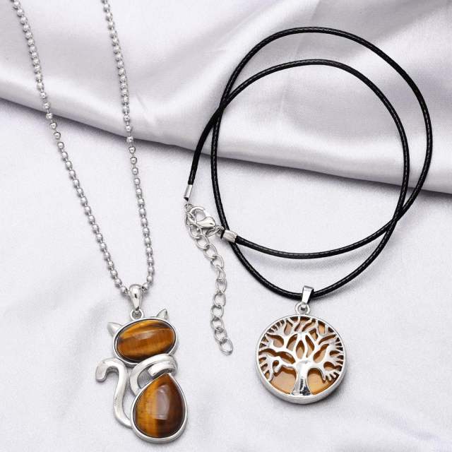 Vintage hot sale tiger eye stone cute cat pendant life tree necklace