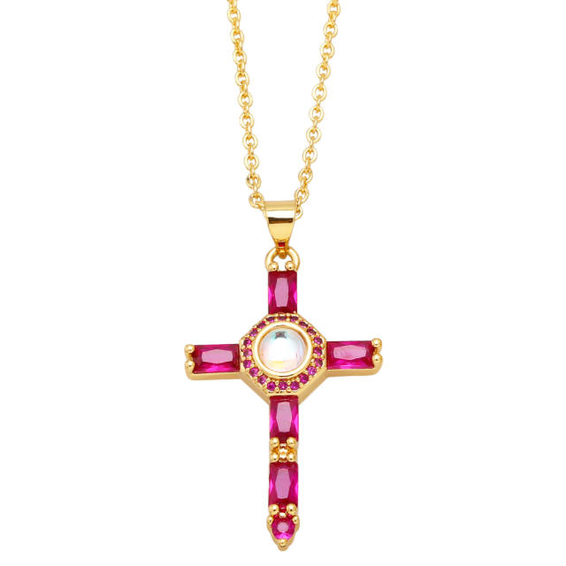 Hiphop rainbow cubic zircon cross pendant real gold plated necklace