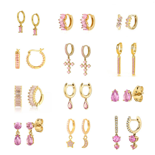 925 needle pink color cubic zircon series copper huggie earrings