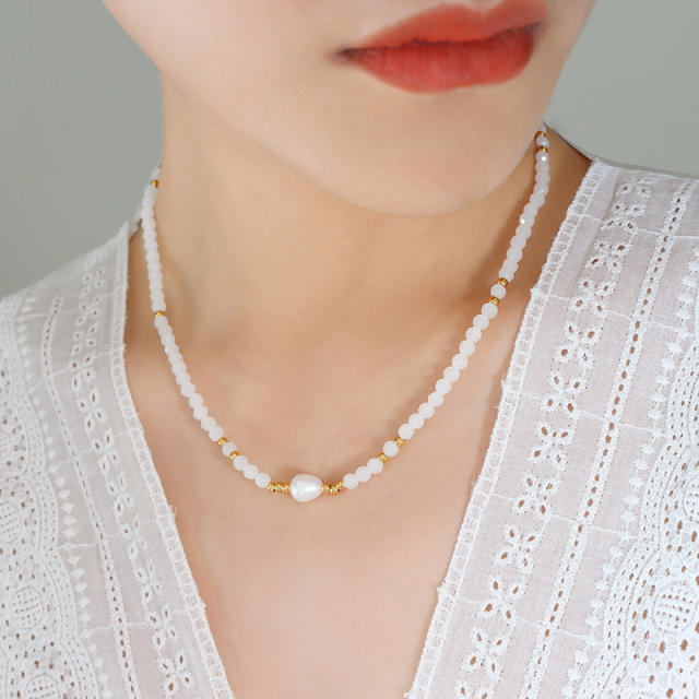 Korean fashion water pearl glass beads choker necklace