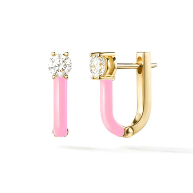 925 needle pink color series enamel copper huggie earrings