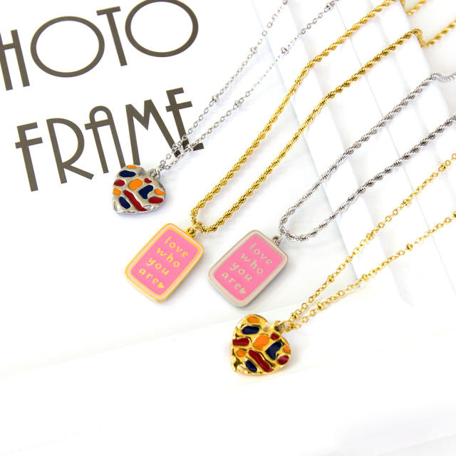 Occident fashion color enamel geometric pendant stainless steel necklace
