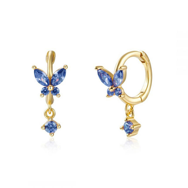 925 needle elegant color cubic zircon butterfly copper huggie earrings